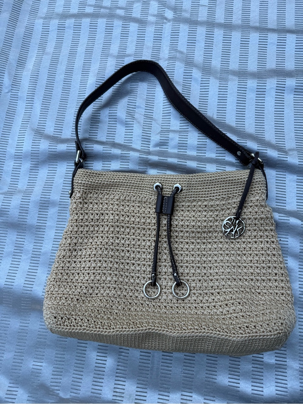 The Sak Crocheted Shoulder/ Hobo Bag, Tan/Khaki, Brown Leather Trim